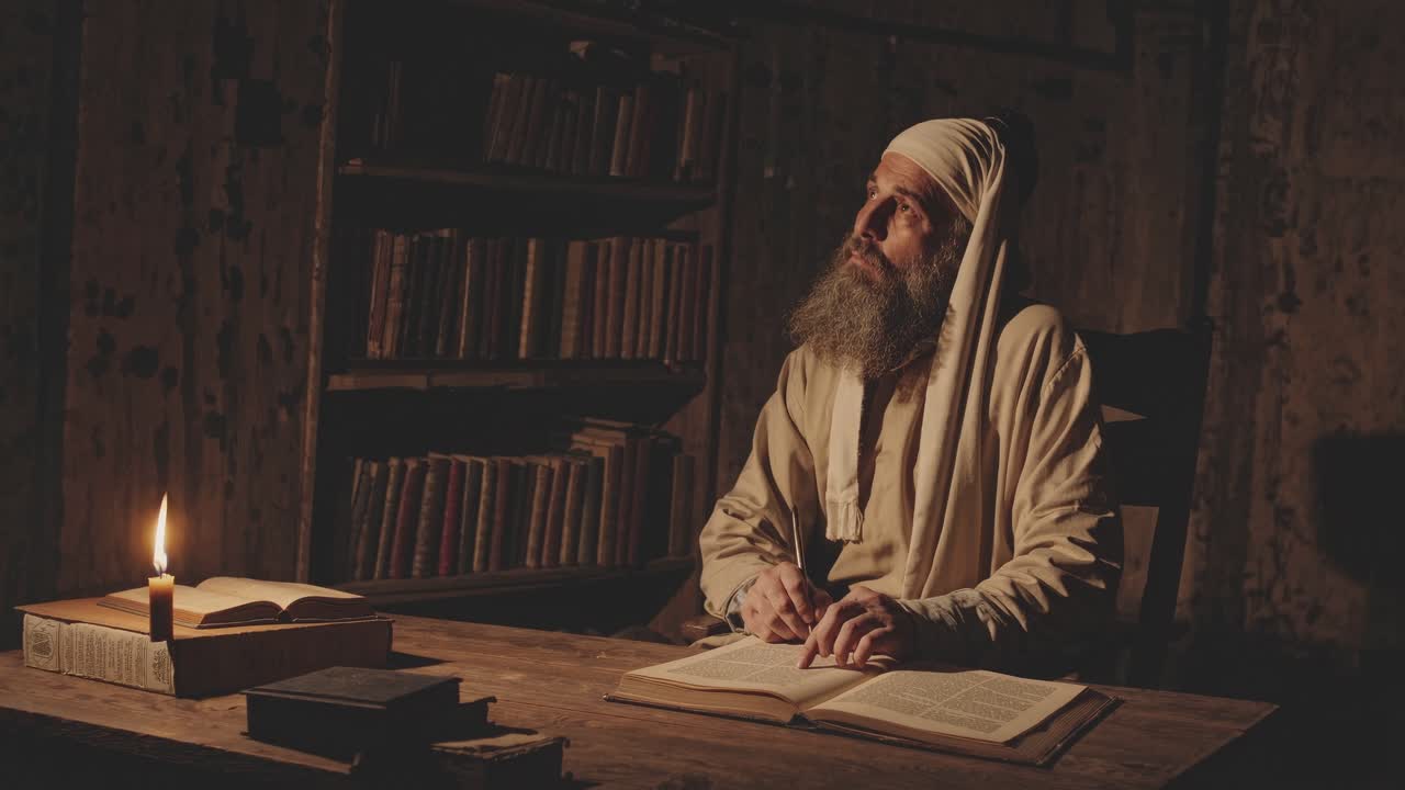 A dimly lit video scene captures a bearded man writing by candlelight in a rustic library