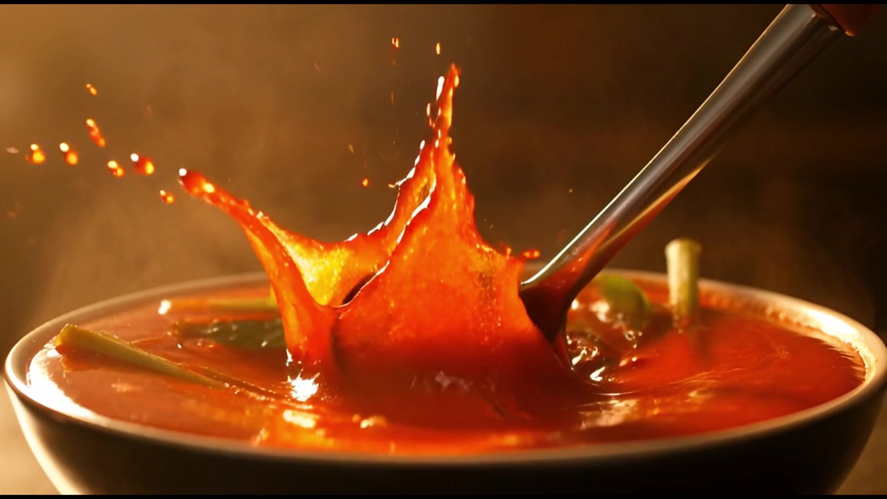 Mestolo che mescola zuppa di pomodoro calda creando uno schizzo.