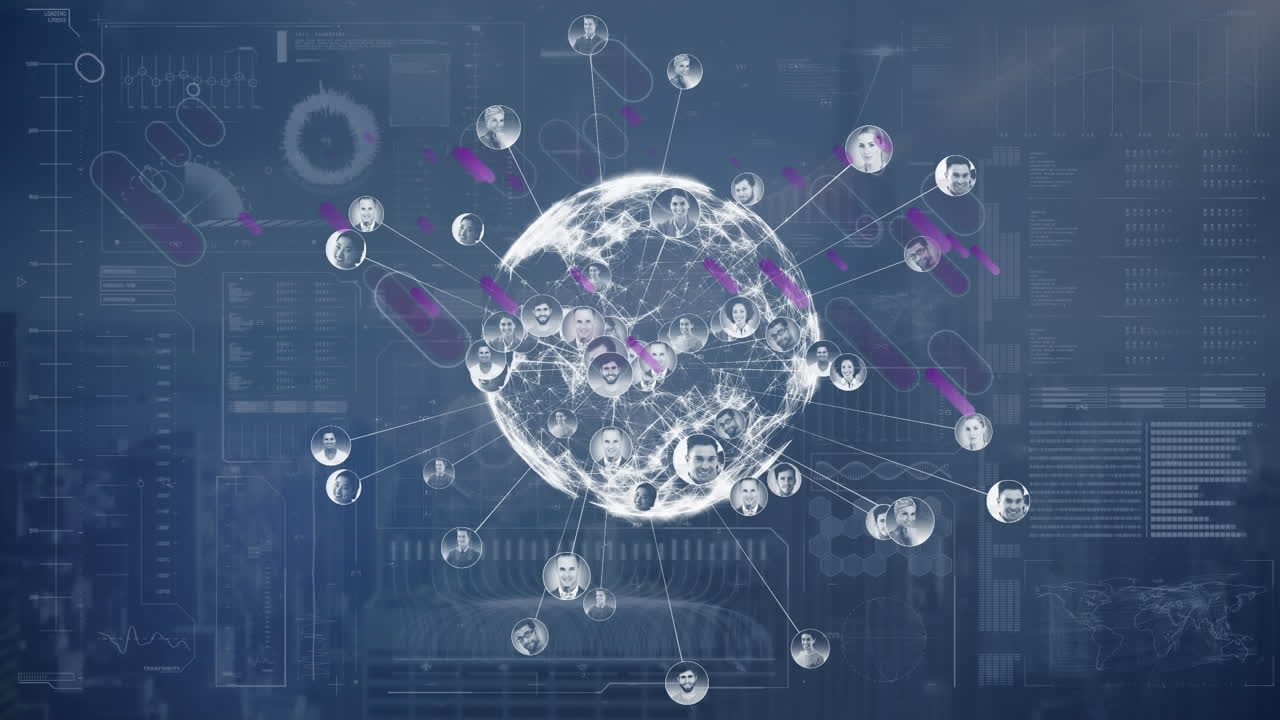 글로벌 위의 보라색 모양과 디지털 화면 위의 아이콘의 애니메이션