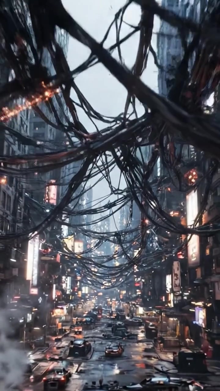 Un paesaggio urbano distopico: scopri l'intricata rete di cavi sospesi e le strade trafficate piene di veicoli in un ambiente urbano futuristico.