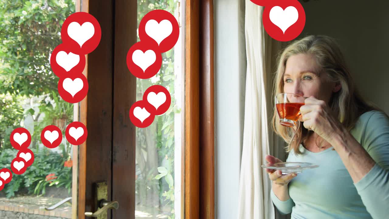 Woman pulling curtain, causing floating hearts, holding cup, lifting and sipping for marketing