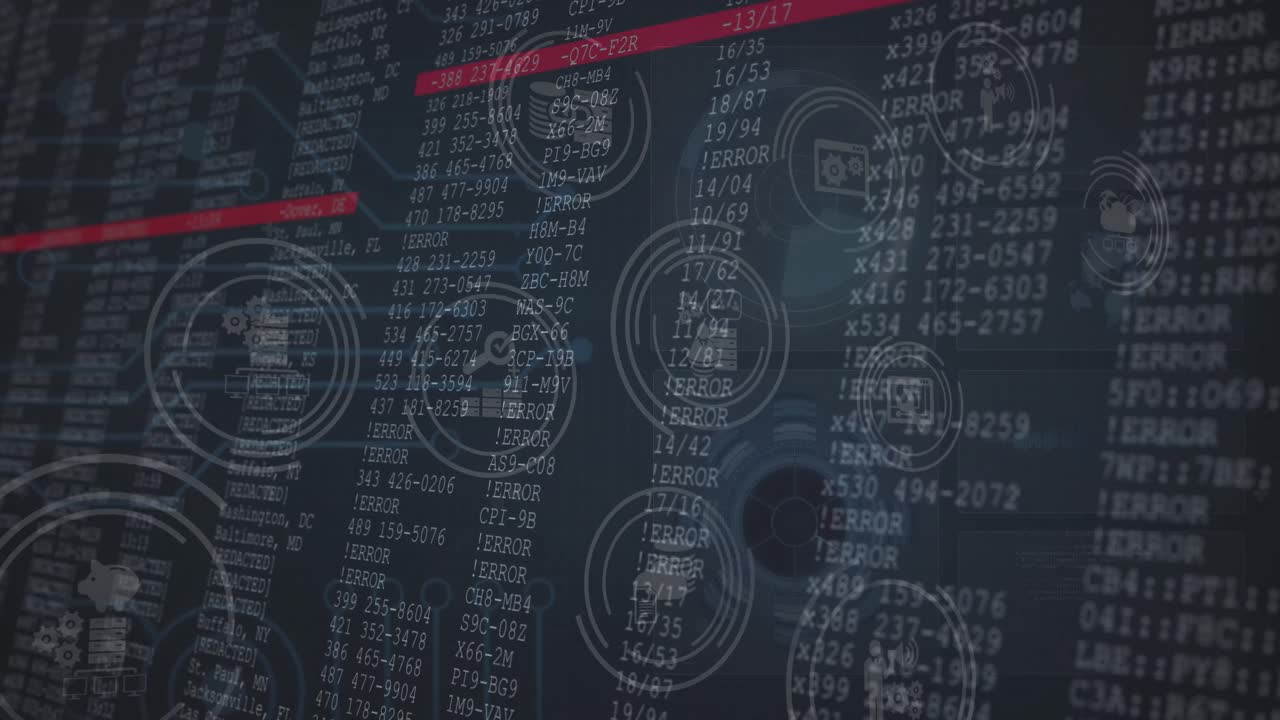 animación de iconos y líneas rojas que aparecen sobre números que cambian sobre fondo negro