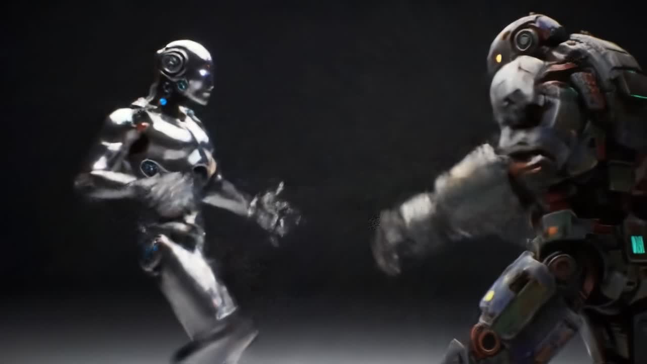 Two humanoid robots engage in an intense battle filled with sparks and dynamic action. The futuristic environment enhances the excitement and visual appeal of the encounter.