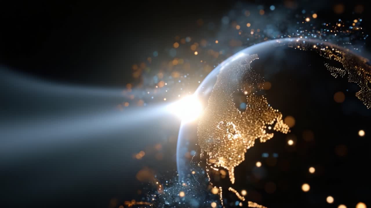 Una straordinaria immagine della Terra illuminata da luci dorate in un ambiente stellato, che cattura la bellezza del nostro pianeta su uno sfondo cosmico scuro