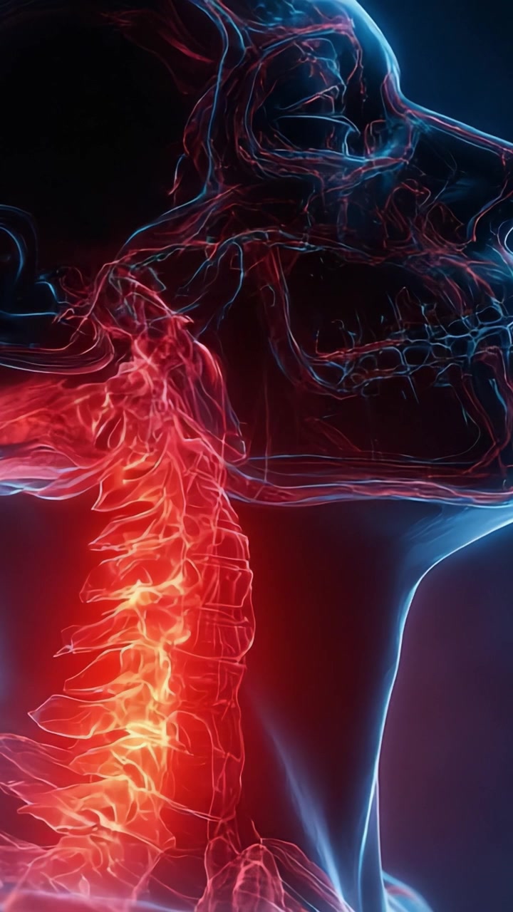 Visualizzazione anatomica della colonna vertebrale e del cranio umani con un bagliore simile al neon, che evidenzia i dettagli intricati della struttura scheletrica.