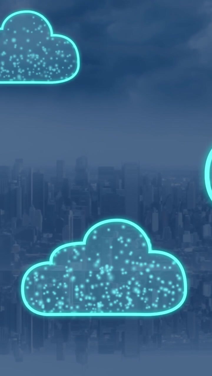 Animation of digital clouds flying over cityscape
