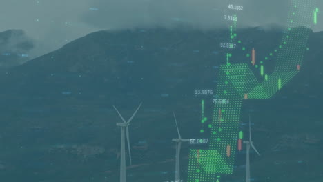 animation of graphs with changing numbers over windmills against mountains and cloudy sky