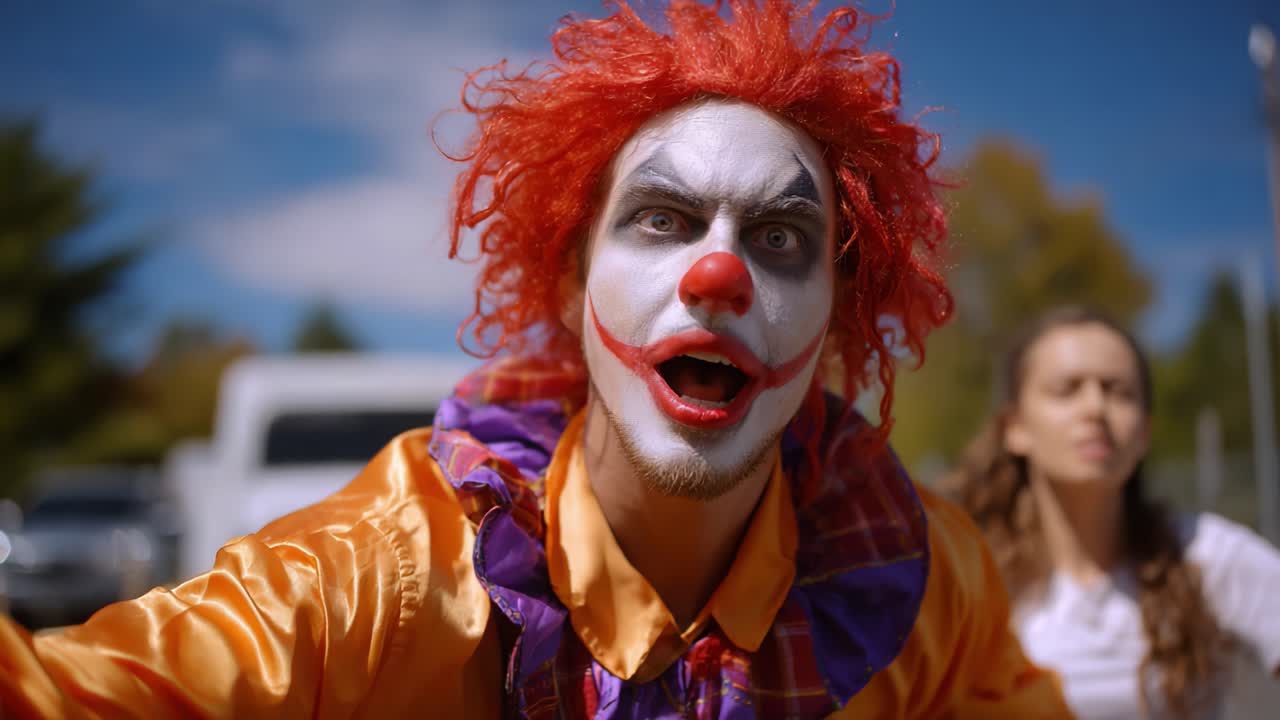 A Vibrant Clown with Bold Makeup and Colorful Costume Entertains an Audience Under a Clear Blue Sky, Capturing a Moment of Joy and Wonder in the Circus Atmosphere