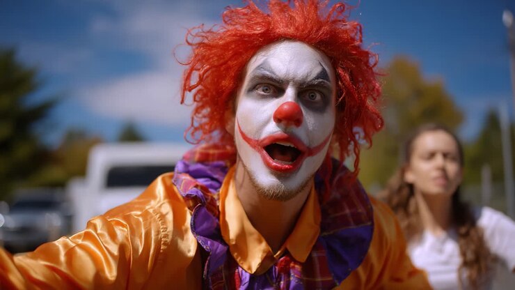 Un clown vivace con trucco audace e costume colorato intrattiene un pubblico sotto un cielo azzurro, catturando un momento di gioia e meraviglia nell'atmosfera circense.