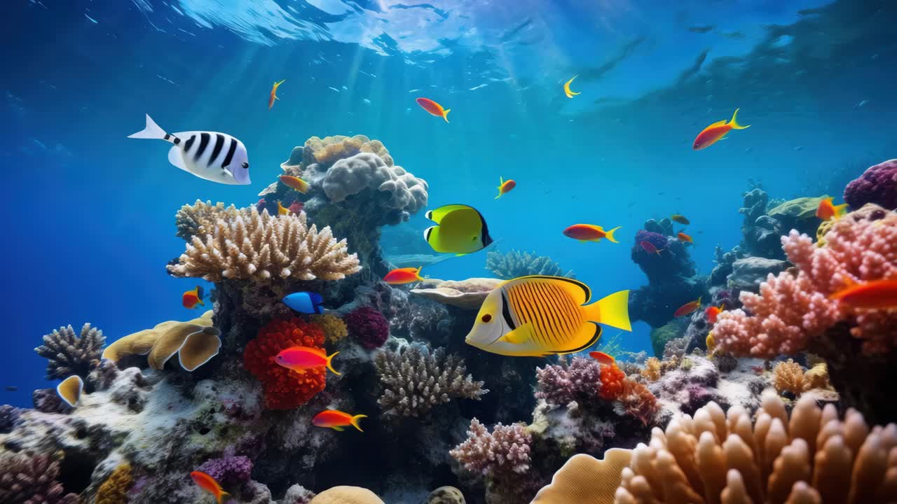 Escena submarina vibrante con coloridos corales y peces, capturada desde un ángulo bajo