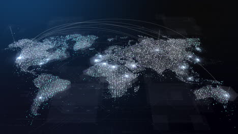 futuristic global communication via broadband internet connections between cities around the world with matrix particles continent map for head up display background