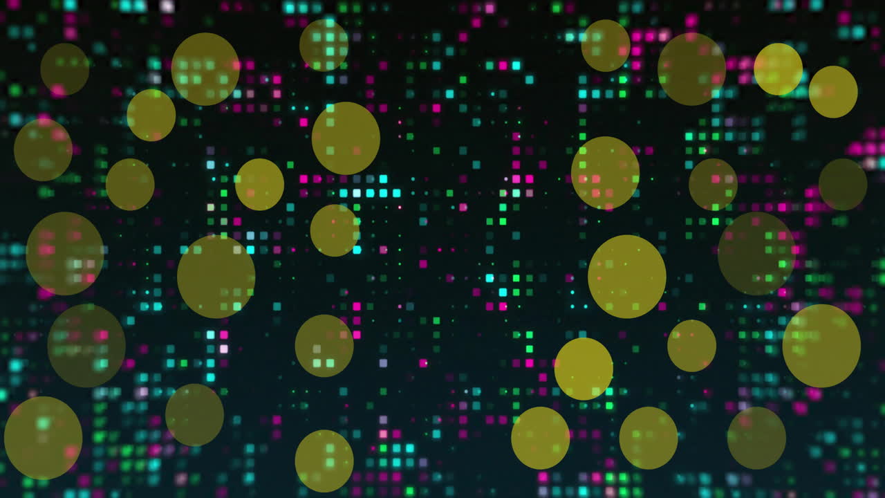 Animation of yellow light spots over twinkling coloured data pixels on dark background
