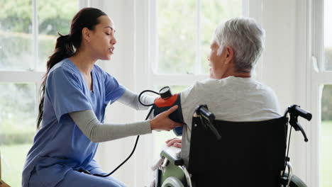 blood pressure, nurse and senior woman