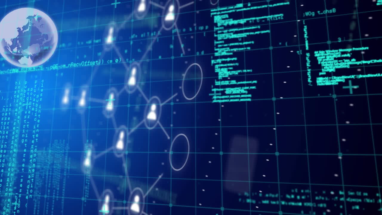 Animation of digital icons, globe and data processing