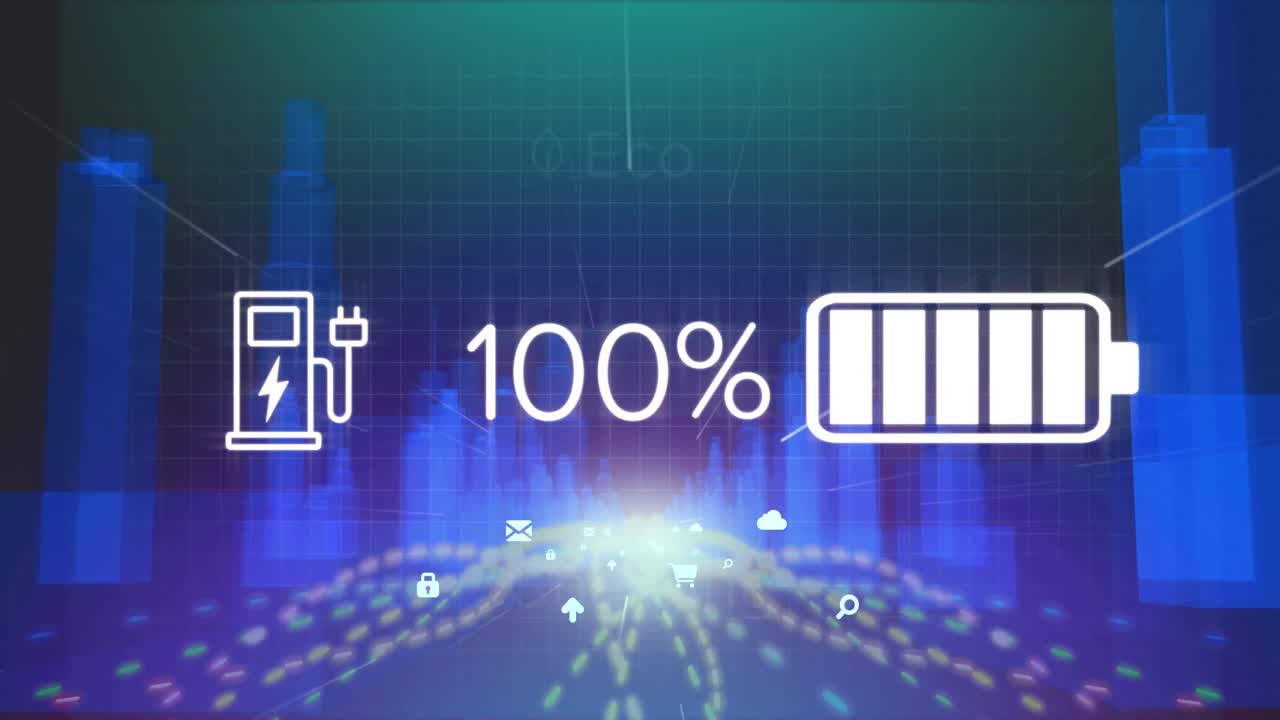 자동차 충전 인터페이스와 3d 도시 모델에 대한 빛 트레일 위의 디지털 아이콘의 애니메이션