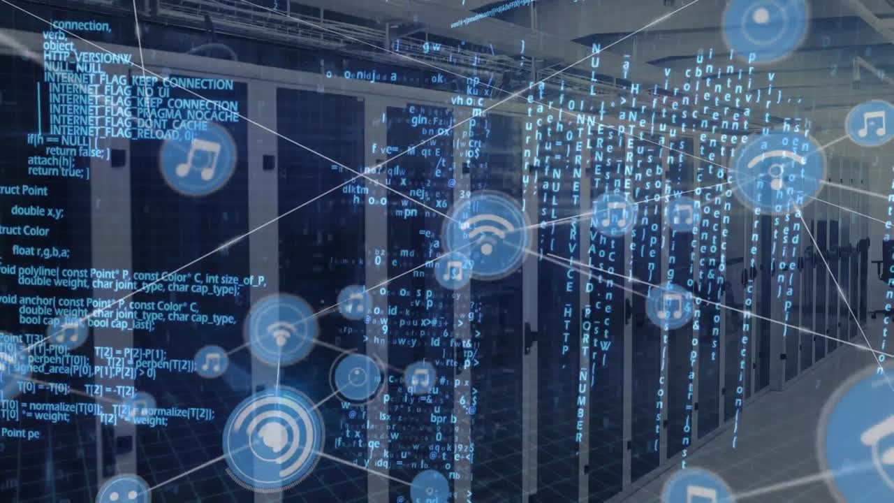 animazione della rete di connessioni con icone con elaborazione dei dati su server informatici