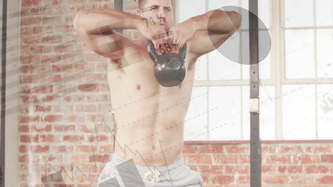 Man approaching kettlebell and performing upright row in gym with animated strength training icons