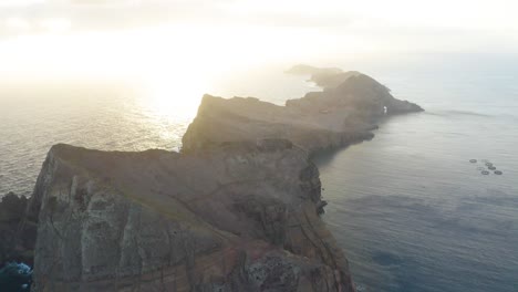 aerial shot over sao lourenco islands in madeira during sunset