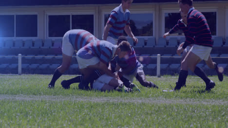 Animation-of-spots-lights-moving-over-diverse-team-of-rugby-players-during-game-in-field