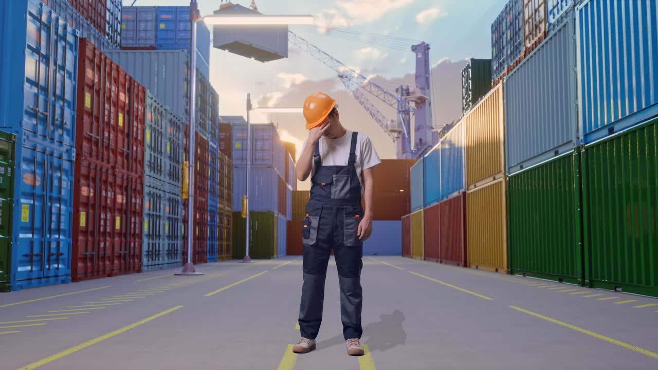 Full Body Of Asian Man Worker Wearing Goggles And Safety Helmet Having A Headache While Standing At Container Yard Warehouse