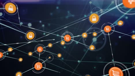 animation of dots, lock and cart icons connecting with lines and moving on abstract background