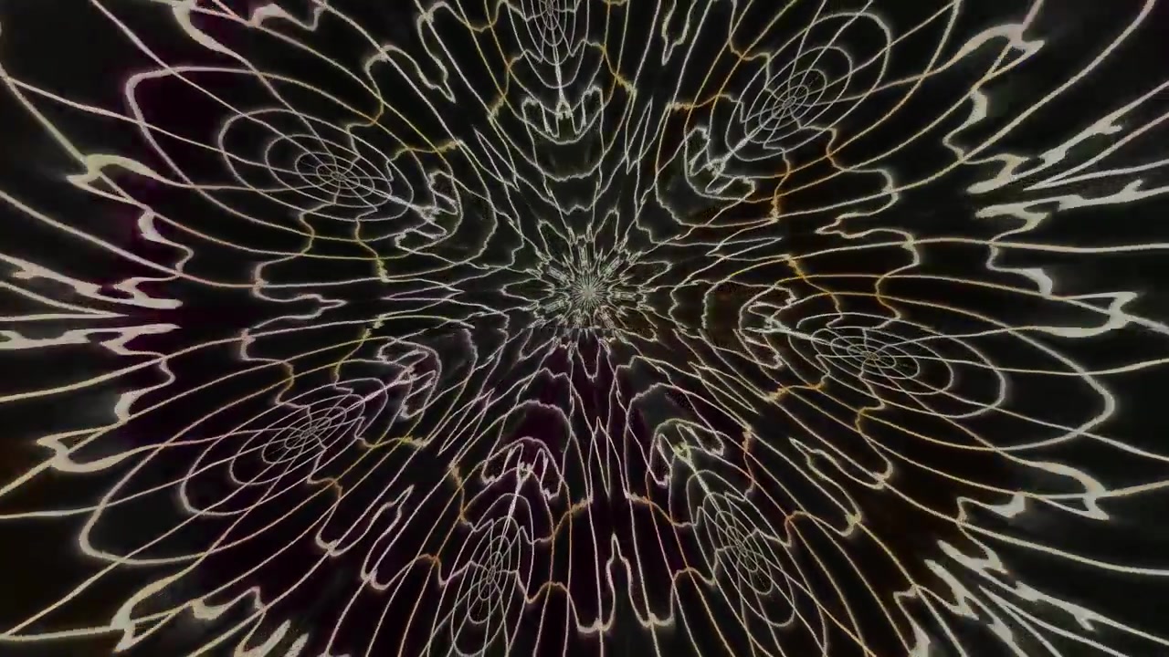 Um padrão dinâmico se forma enquanto linhas se torcem e se movem em várias direções. A cena exibe designs intrincados que contrastam com um fundo escuro, criando interesse visual