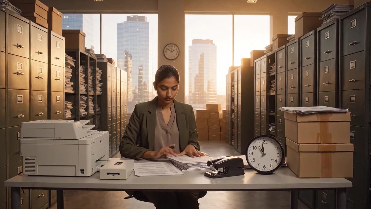 Focused Office Worker Organizing Documents at Desk with Printer and Clock, Surrounded by File Cabinets in Modern Cityscape, Evening Light Streaming Through Windows