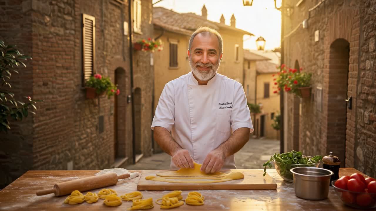 An Artisan Chef Perfectly Crafts Fresh Pasta in a Charming Cobblestone Street at Sunset, Showcasing the Beauty of Culinary Tradition and Culinary Skills