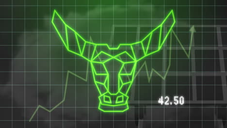 bull head graphic and stock market data animation over financial chart background