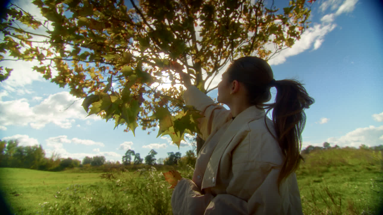 가을에 나무 에 있는 여자