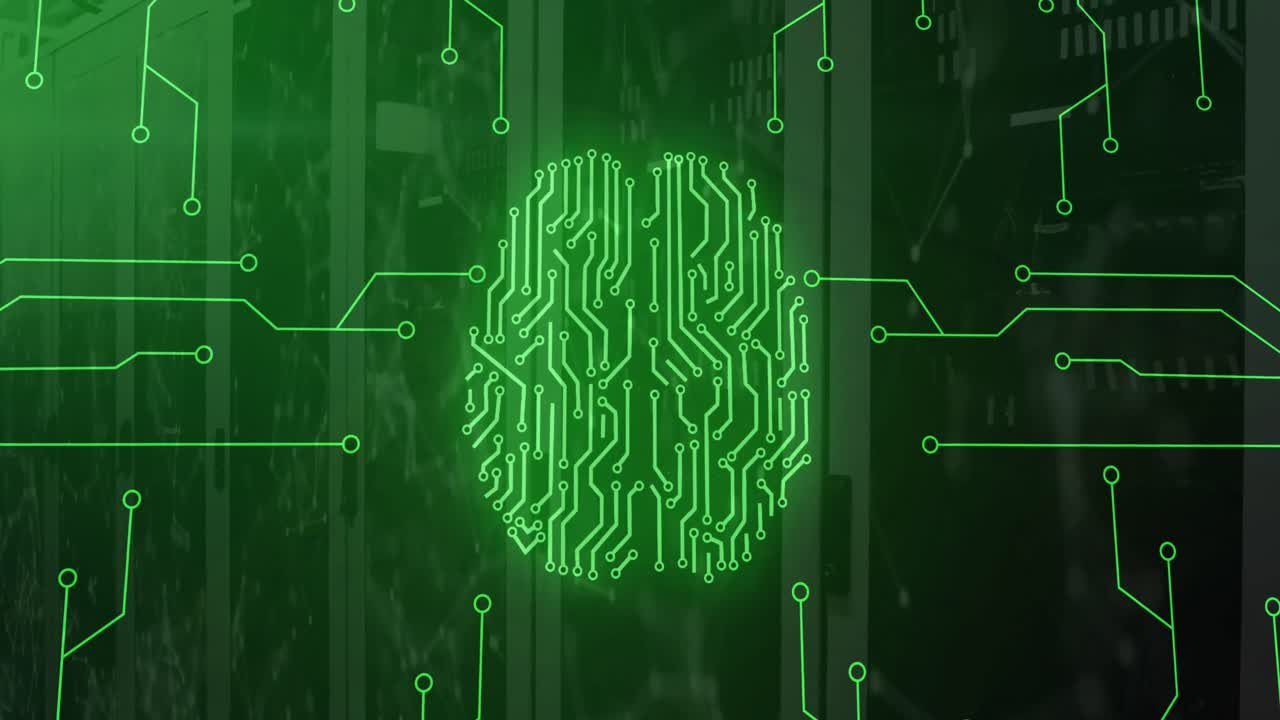 Animation of circuit board pattern forming brain over connected dots on server room in background