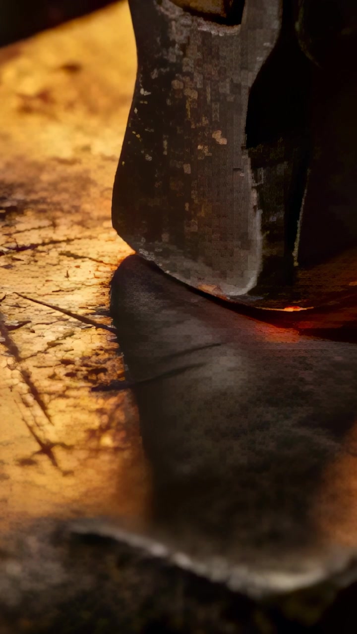 Vertical video: Pressing hammer head against hot metal edge on platen at forge bench, shaping steel