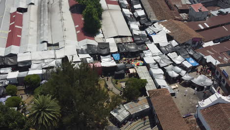 Flyover-of-street-market-in-Quetzaltenango,-Guatemala-full-of-shoppers