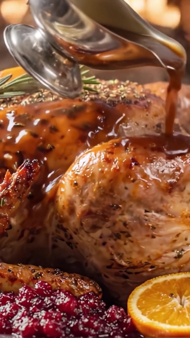 A Deliciously Roasted Turkey Glazed to Perfection, Surrounded by Fresh Rosemary and Complemented by Cranberry Sauce and Orange Slices, Ideal for Festive Celebrations
