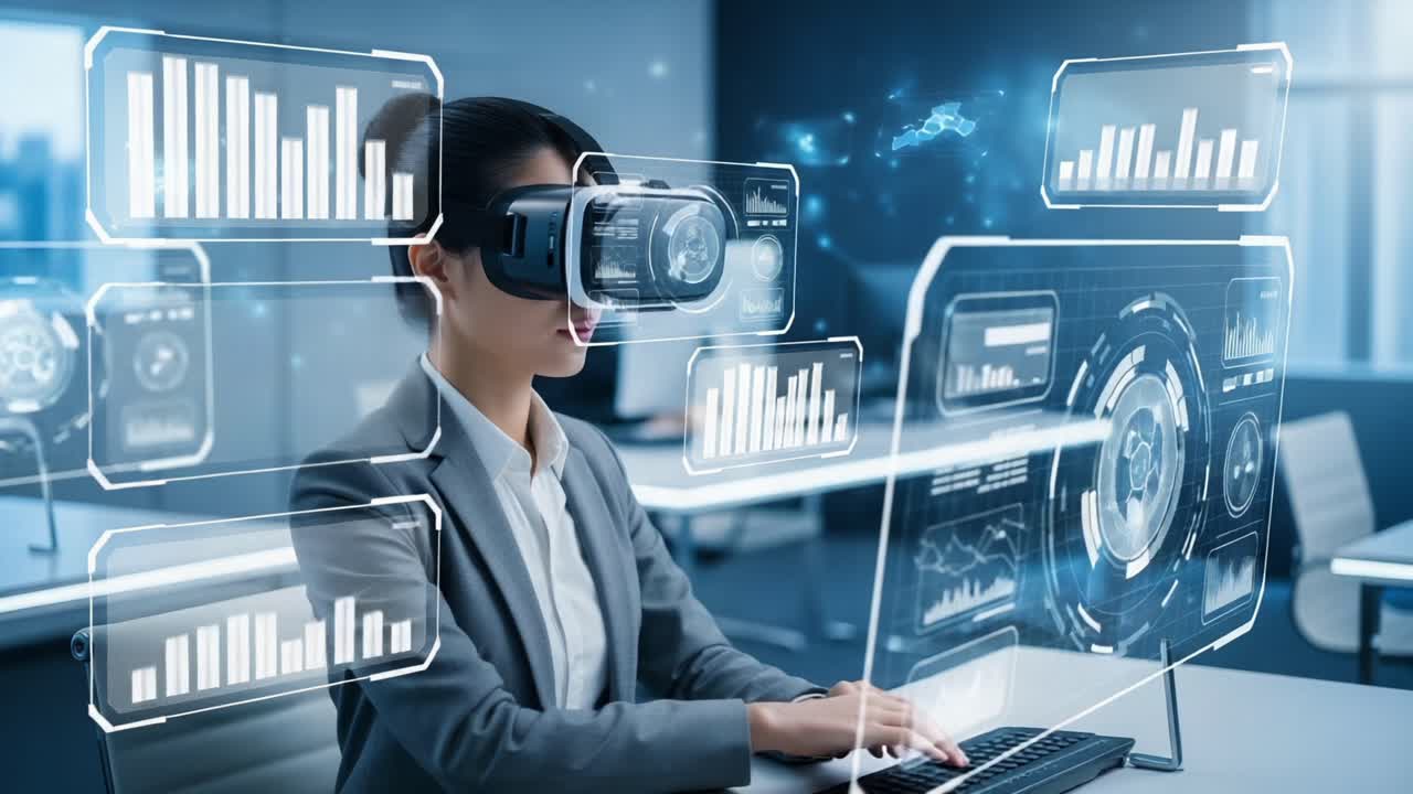 Innovative Virtual Reality Experience: A Business Professional Engaged in Data Visualization and Analysis with Cutting-Edge VR Technology in a Modern Office Environment