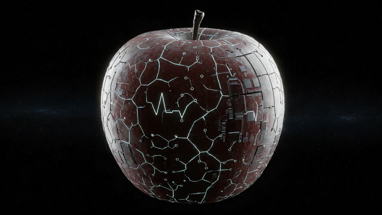 A Futuristic, Technologically Enhanced Apple Features Complex Circuit Patterns and an Intriguing Texture, Combining Nature with Advanced Digital Elements