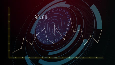 animación del gráfico con números cambiantes y huellas dactilares en círculos de carga sobre fondo negro
