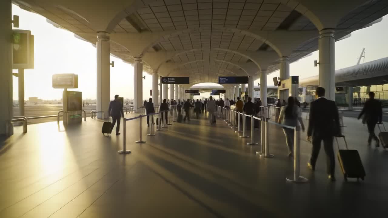 Travelers navigate through a bustling airport terminal as the sun sets, casting warm light on the sleek architecture and bustling travelers. Carts and luggage surround the moving crowd.