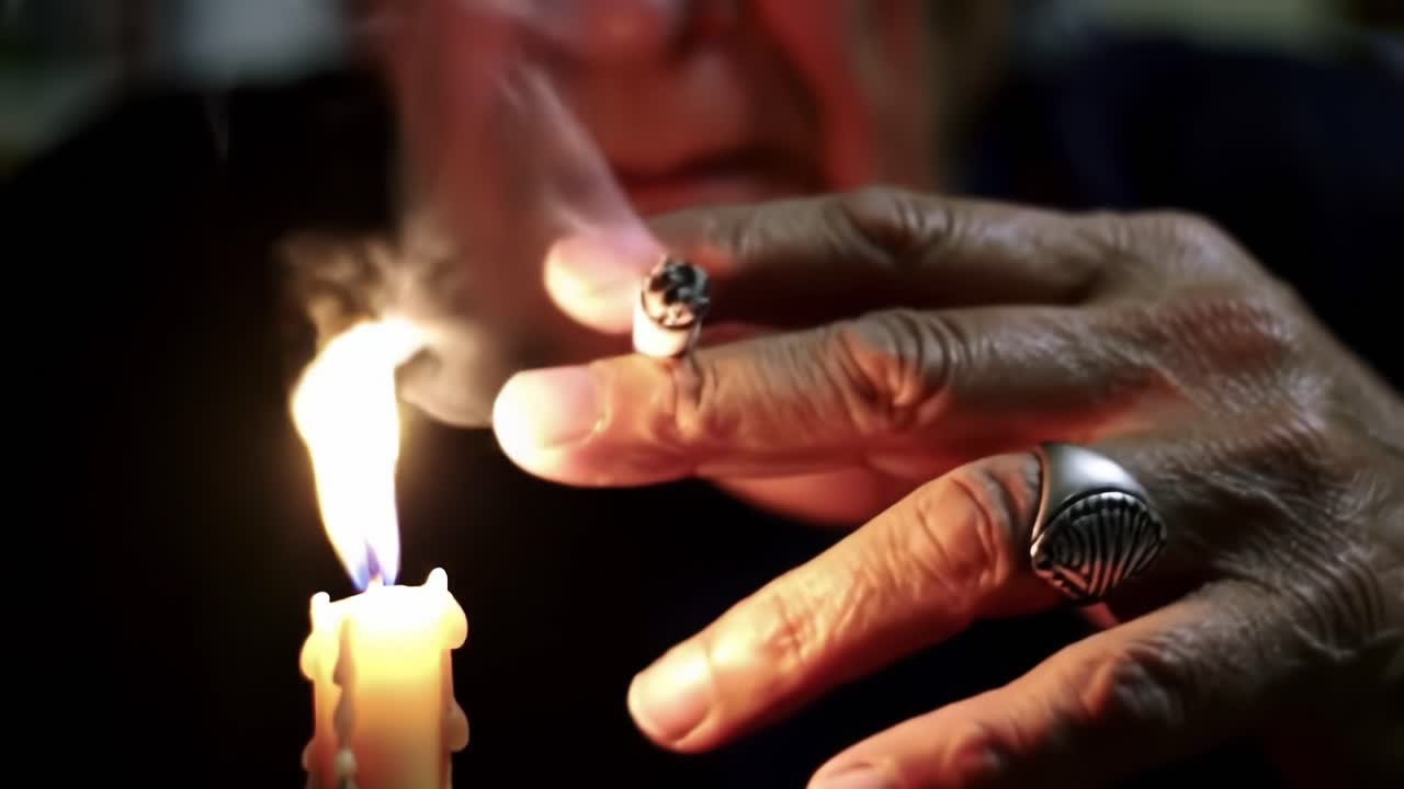 Elderly Person Lights Cigarette Using a Candle in Dimly Lit Room