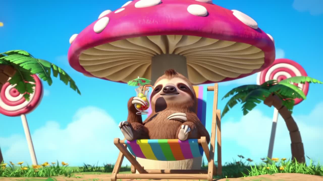 A Relaxing Sloth Enjoys a Tropical Drink Under a Colorful Mushroom Umbrella, Soaking Up the Sun in a Vibrant Beach Setting Surrounded by Palm Trees and Lollipops