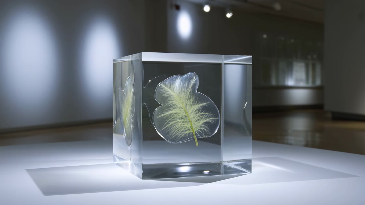 Clear glass cube resting on white plinth inside dim gallery, with suspended translucent leaf showing pale yellow green featherlike veins, cool overhead spotlights, soft shadows, refined minimal