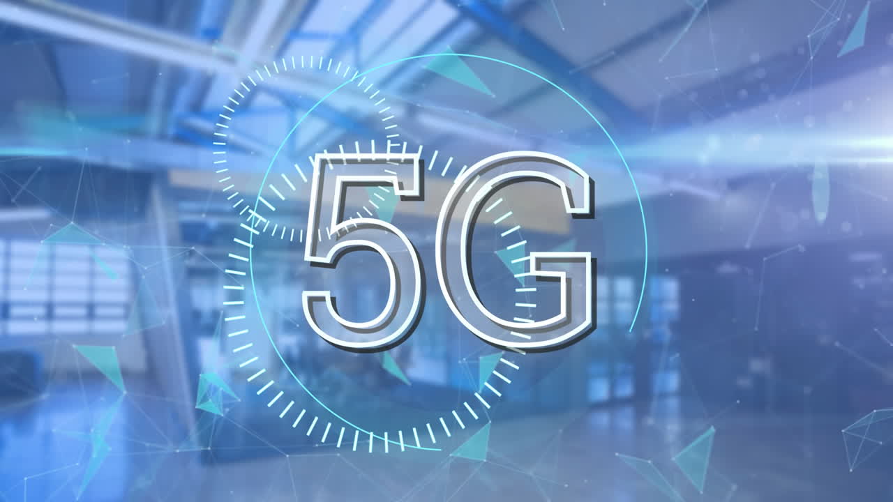 animazione di testo 5g con reti di connessioni su ufficio vuoto in background