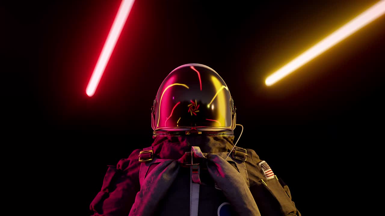 무한한 워프 터널에서 네온 우주비행사 미래의 루프 3d 애니메이션 빨간 네온