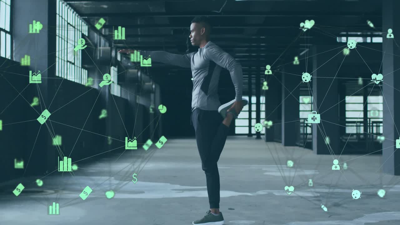Animation of network of connections with economical icons over man exercising by the sea
