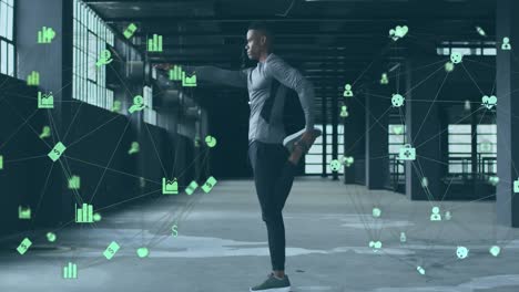 animation of network of connections with economical icons over man exercising by the sea