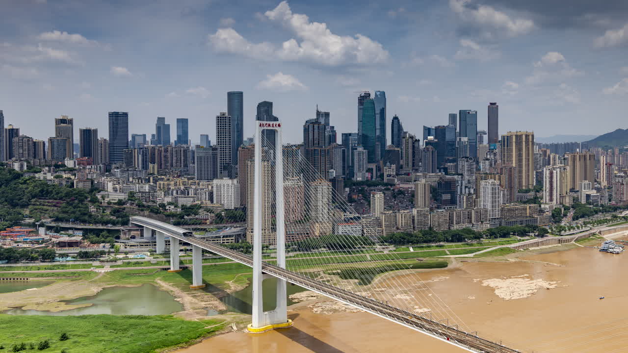 CHONGQING, CHINA - 28 MAY 2025 : Timelapse of the amazing Chongqing cyberpunk city skyline from a high vantage point with the yangtze river