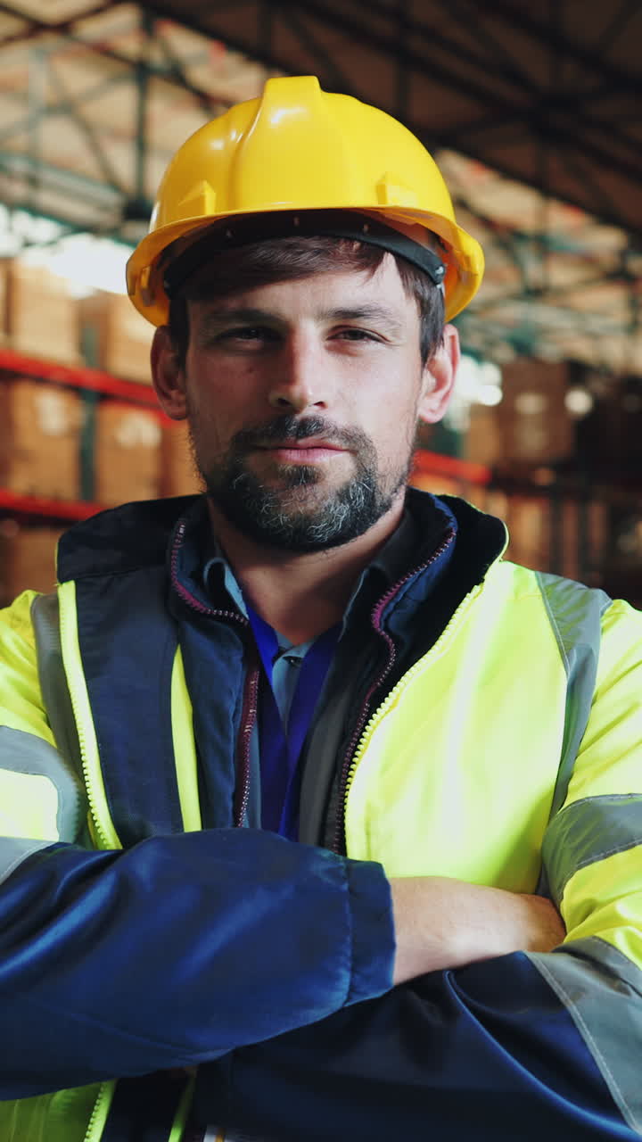 Warehouse worker with hard hat and safety vest