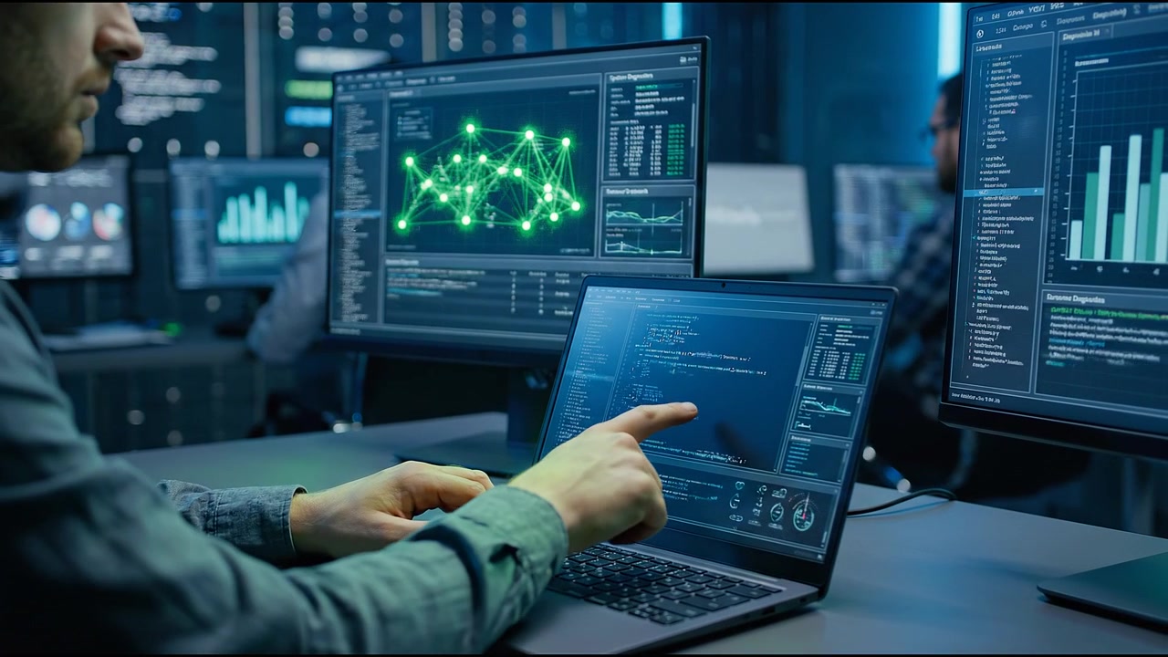 Cybersecurity specialist analyzing network data and programming code across multiple digital monitors in tech office