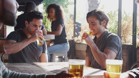 two male friends meeting in sports bar making toast together