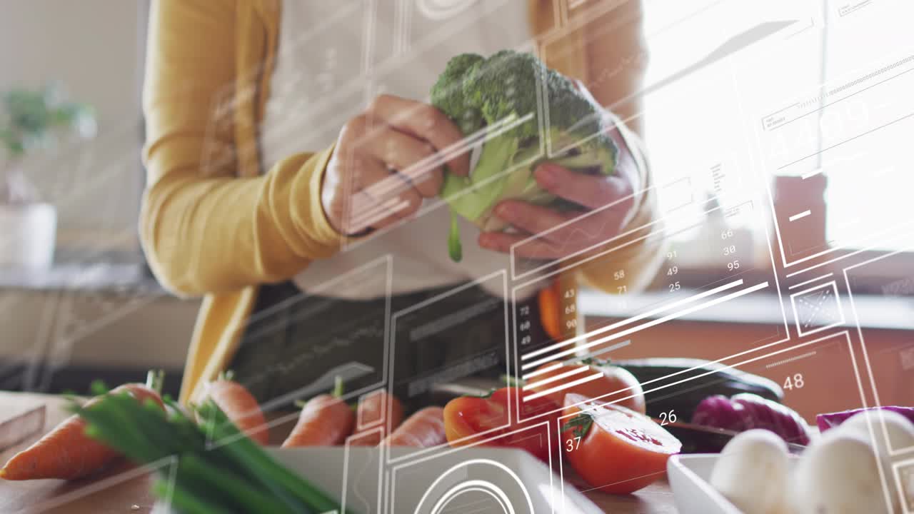 Digital schematics appearing as woman arranging carrots and separating broccoli florets for cooking